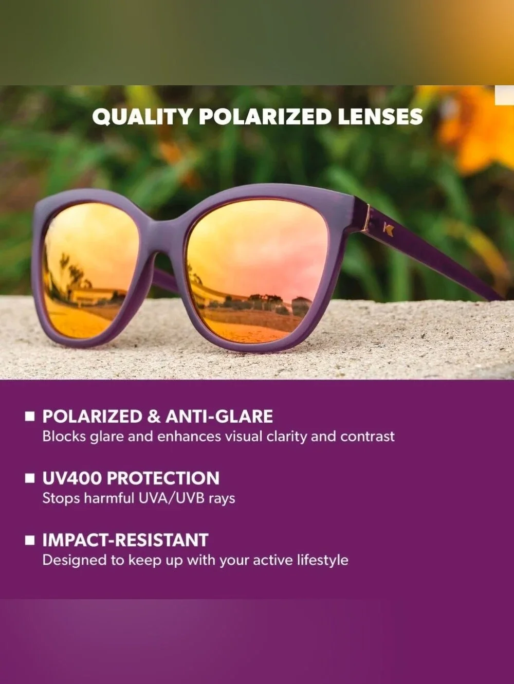 Kensie Purple Frame Sunglasses with Rose-Gold Mirror Lenses